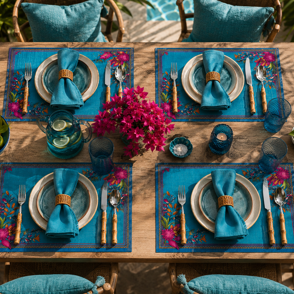Dining table set with blue placemats, napkins, and cutlery with a floral centerpiece.