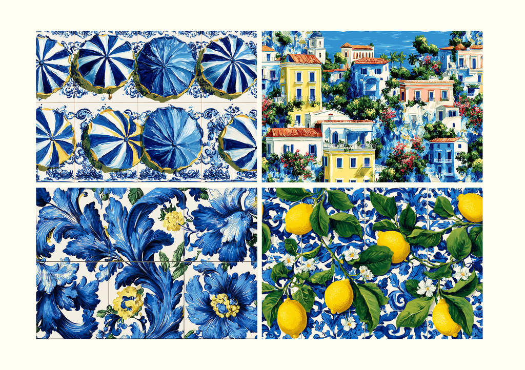 Blue azulejo, lemon and Mediterranean coastal patterns in the Dolce Vita disposable paper placemat set