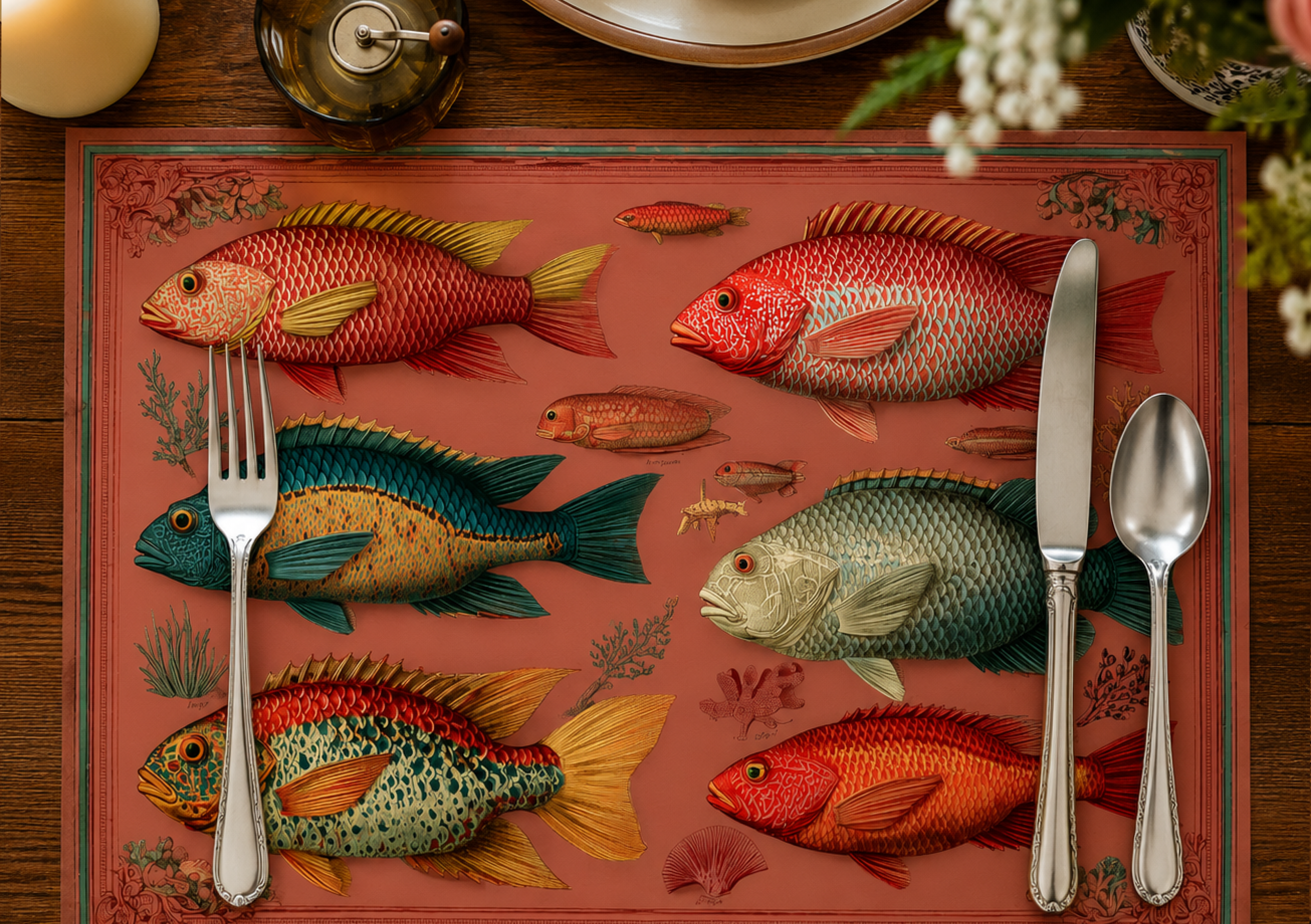 Cream and yellow citrus disposable paper placemat detail for coastal dinner parties