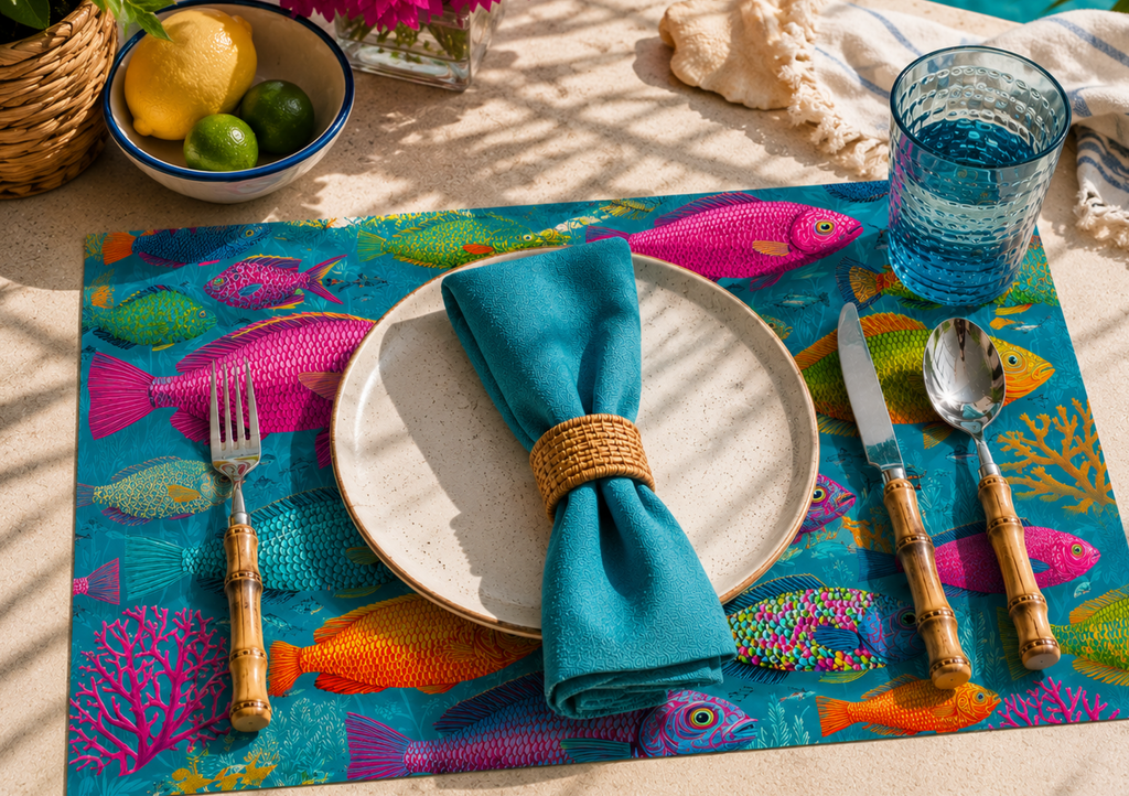 Bright coastal fish disposable paper placemat from The Daily Catch pad on a summer table