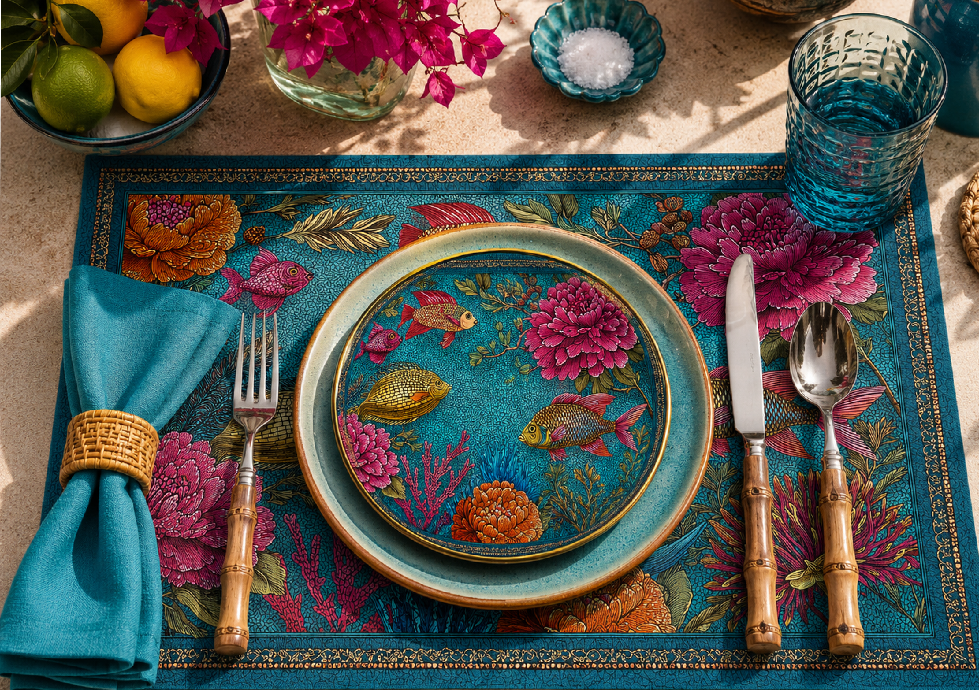 Flat-graphic fish disposable paper placemat with coral corner detail in bold color