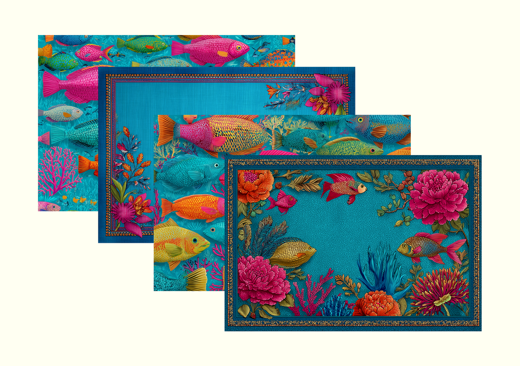 Four Daily Catch coastal fish placemat designs from a Tavola Drop envelope