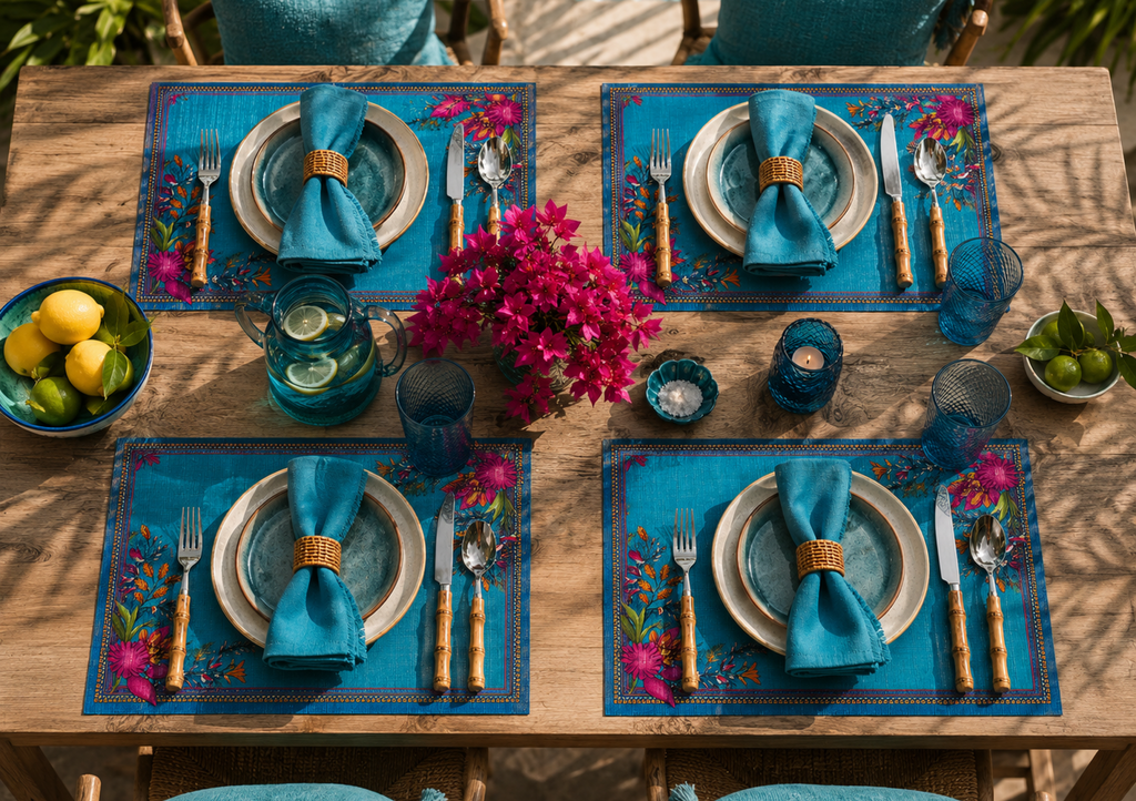Colorful modern fish disposable paper placemat styled with plate and glass
