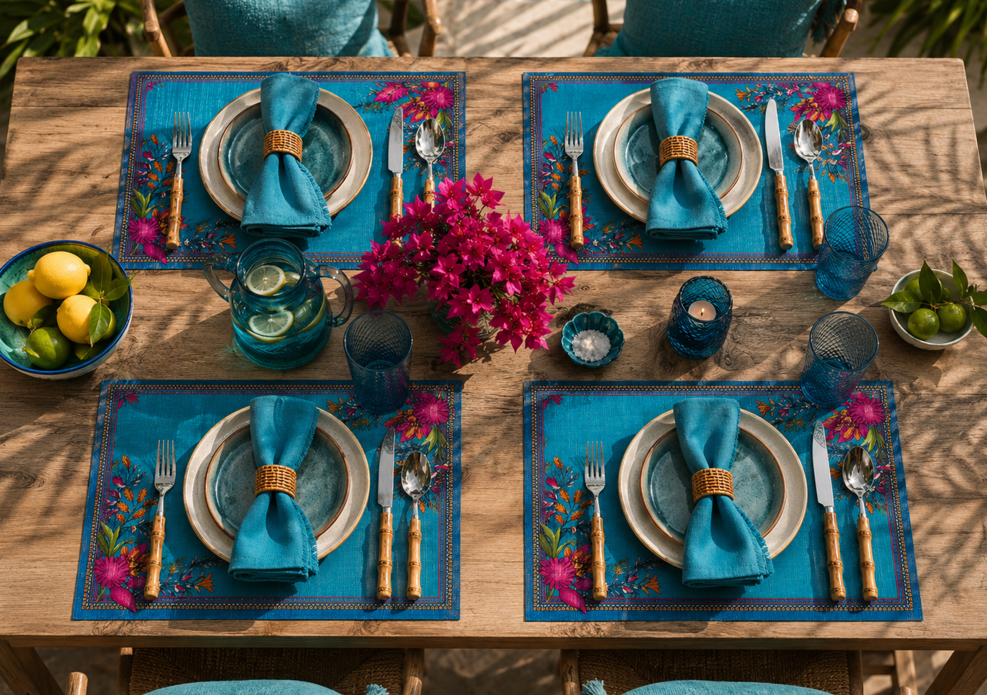 Colorful modern fish disposable paper placemat styled with plate and glass