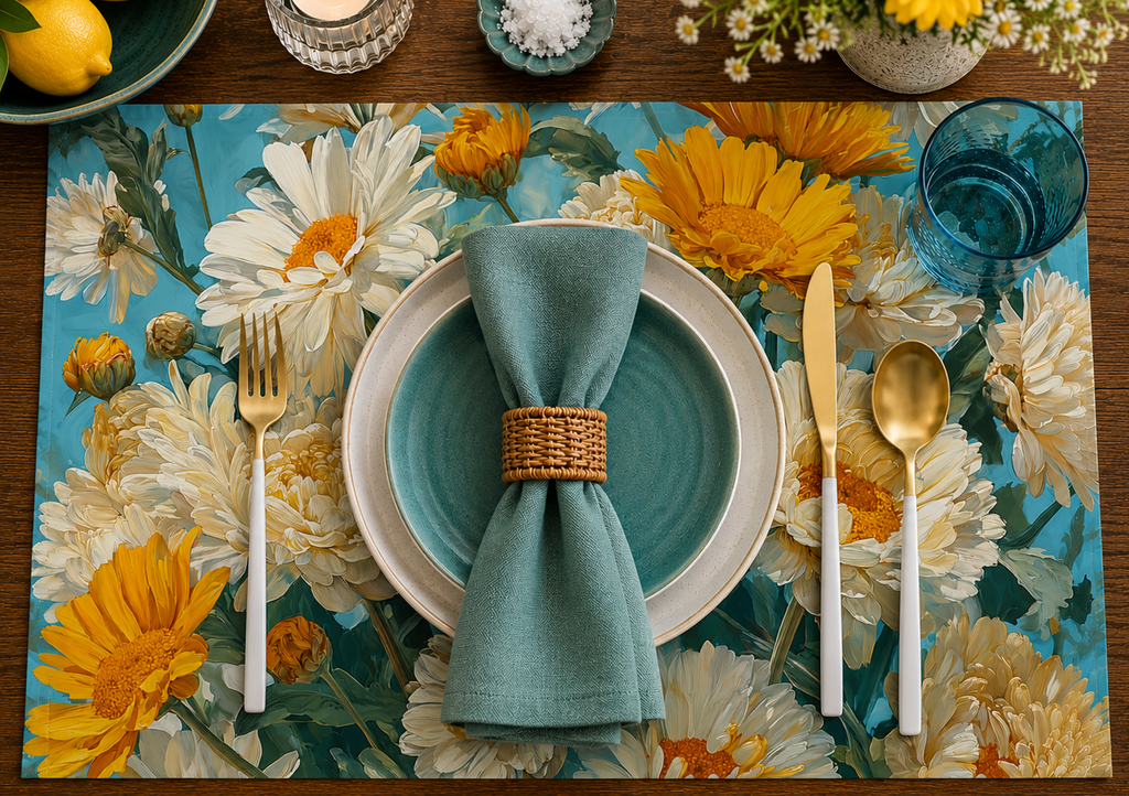 Pressed-flower botanical disposable paper placemat in soft pastel tones