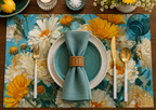 Pressed-flower botanical disposable paper placemat in soft pastel tones