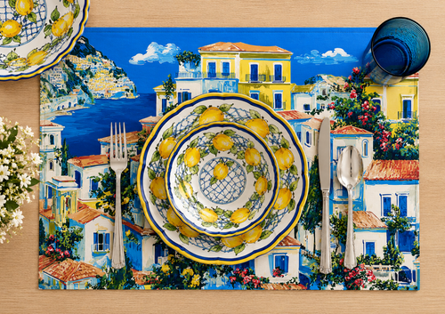 The Full Table — Dolce Vita Amalfi azulejo and lemons disposable paper placemat