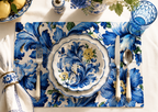 Dolce Vita blue and yellow disposable paper placemat detail with Mediterranean tile motif