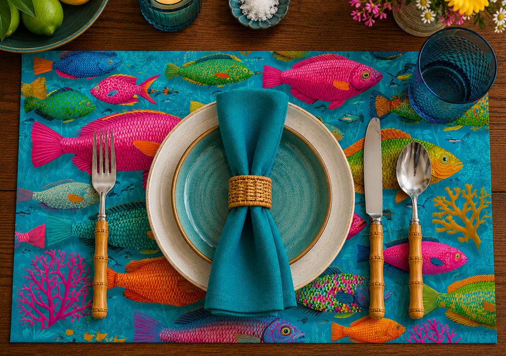 The Full Table — Caribbean Bliss tropical reef fish disposable paper placemat