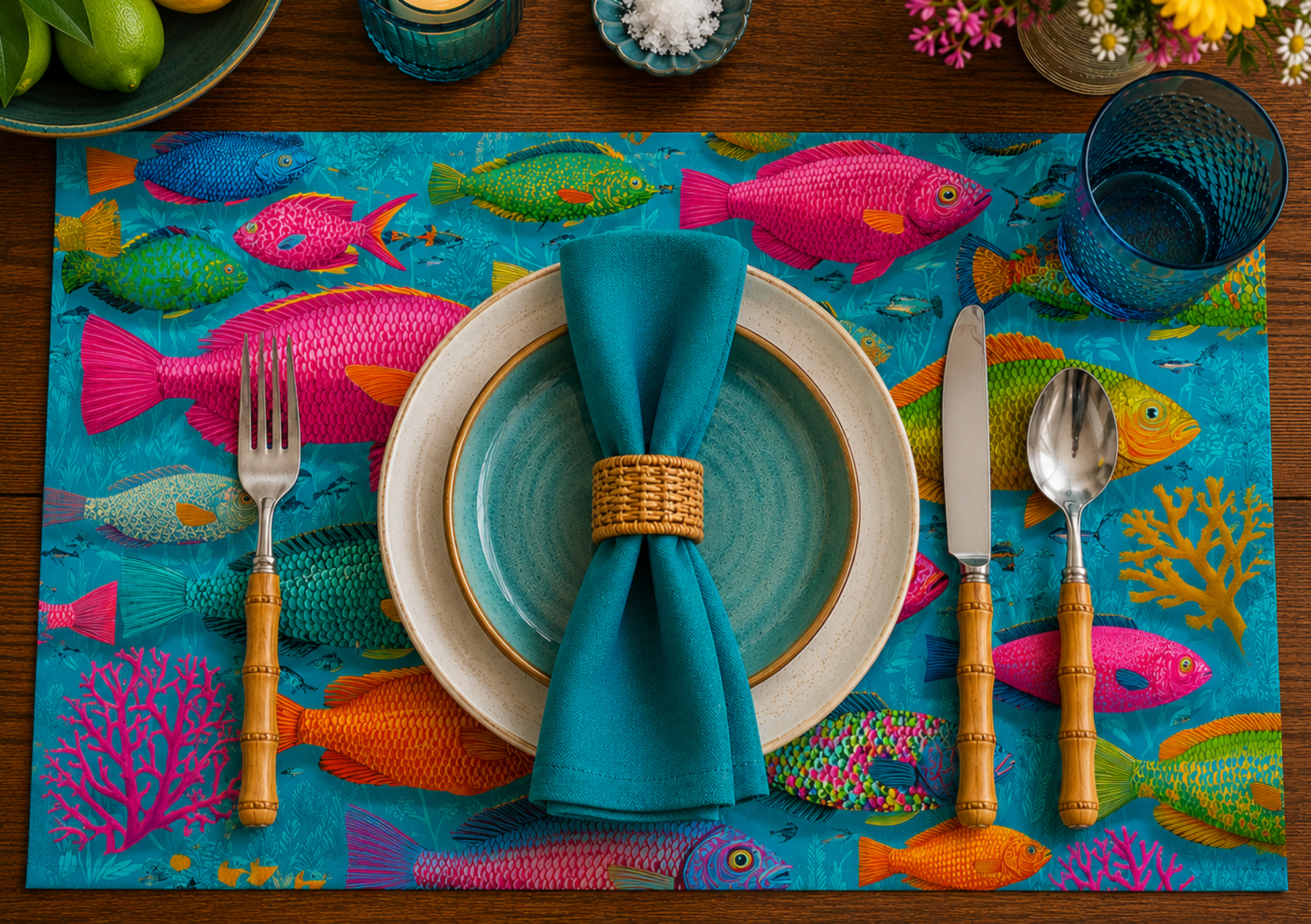 Bold flat-graphic fish disposable paper placemat detail with coral border