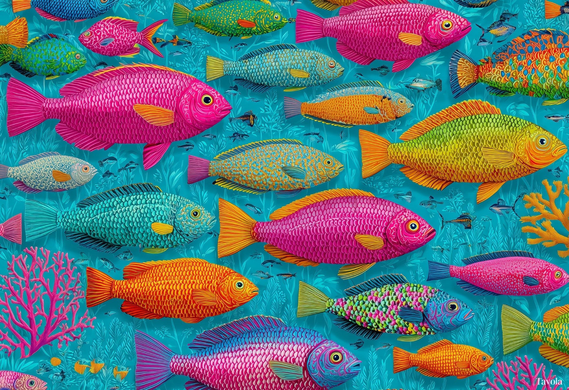 Caribbean Bliss placemat design — peonies and reef fish with ornate border on turquoise, flat view