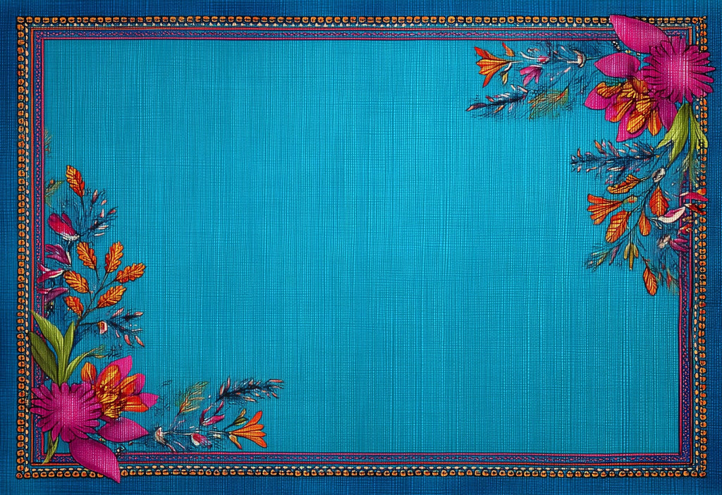 Caribbean Bliss placemat design — school of tropical fish in fuchsia and mango, flat view
