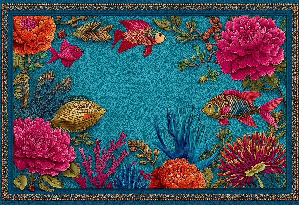 Caribbean Bliss placemat design — open turquoise center with coral corner details, flat view