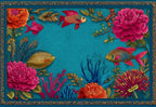 Caribbean Bliss placemat design — open turquoise center with coral corner details, flat view