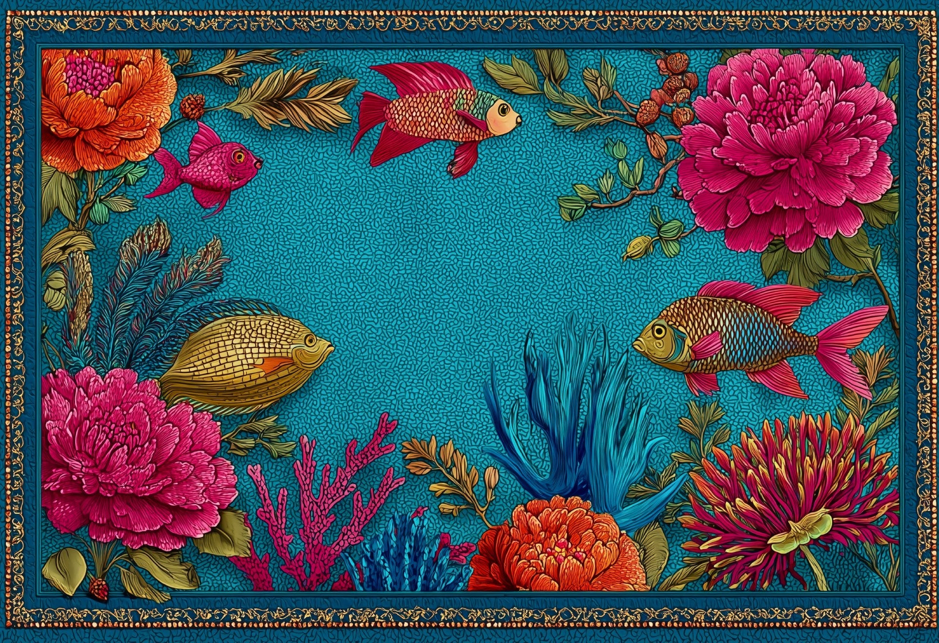 Caribbean Bliss placemat design — open turquoise center with coral corner details, flat view