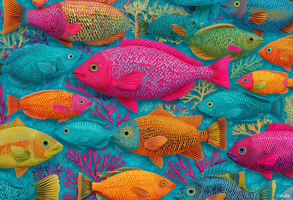 Caribbean Bliss placemat design — reef fish and coral over woven turquoise, flat view