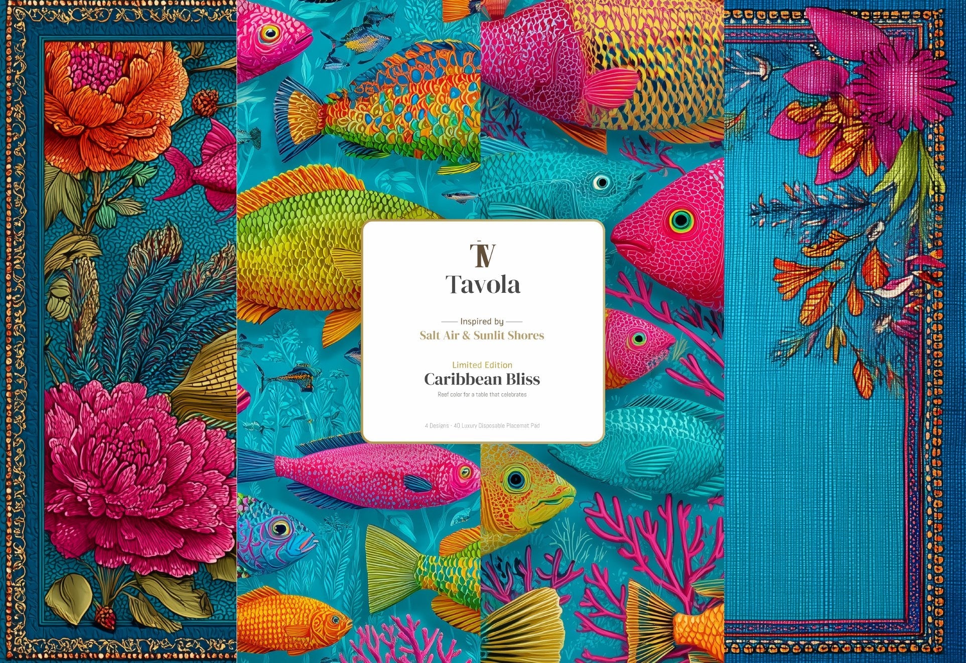 Caribbean Bliss pad cover — Tavola limited edition, four designs, 40 luxury disposable placemats