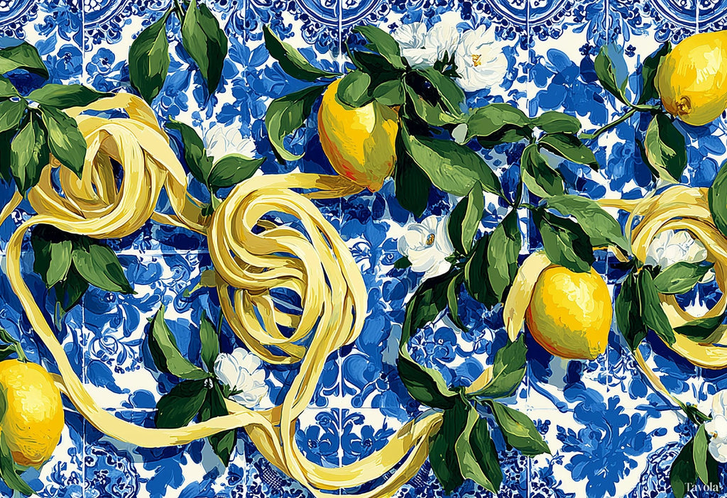 Dolce Vita placemat design — lemons and pasta over blue and white azulejo tile, flat view