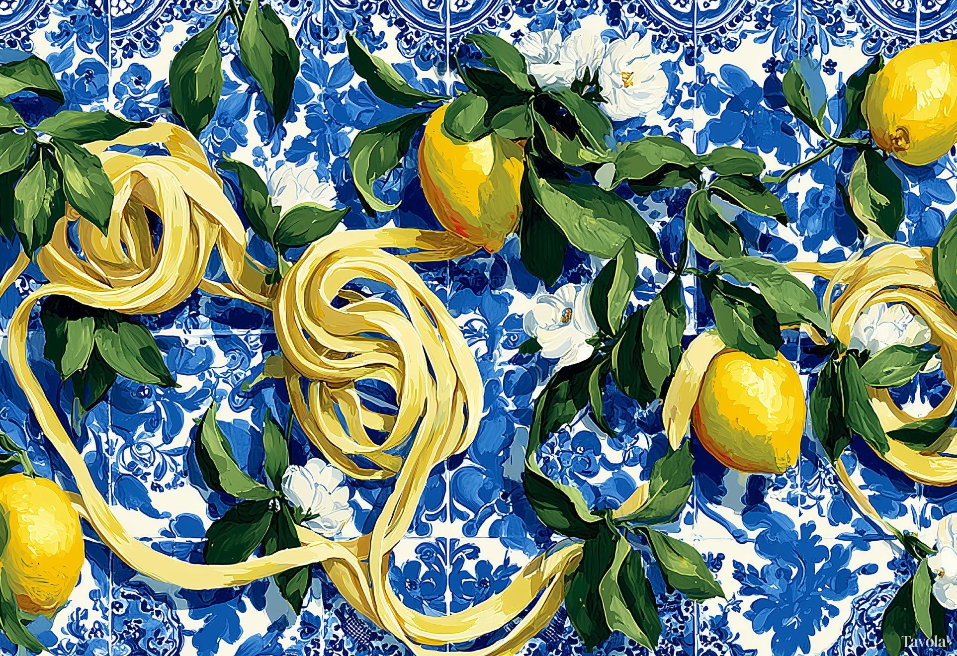 Dolce Vita placemat design — lemons and pasta over blue and white azulejo tile, flat view