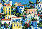 Dolce Vita placemat design — Amalfi coastal village in summer color, flat view