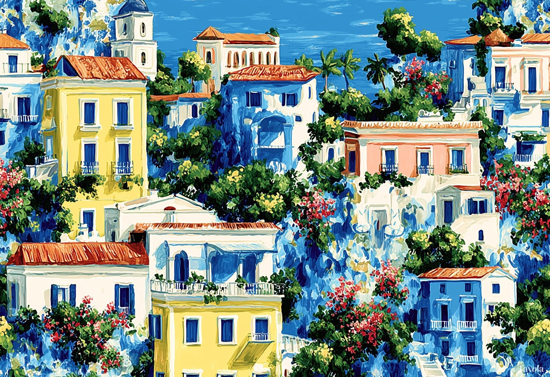 Dolce Vita placemat design — Amalfi coastal village in summer color, flat view