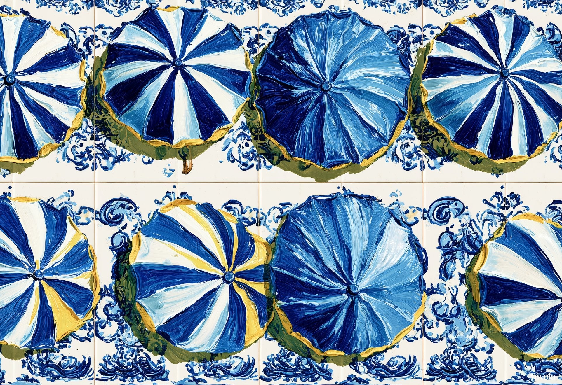 Dolce Vita placemat design — indigo citrus slices on painted tile, flat view