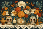 Fiesta placemat design — Día de Muertos altar with marigolds and sugar skulls, flat view