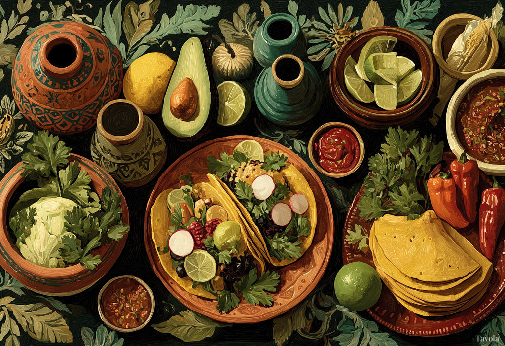 Fiesta placemat design — painted Mexican feast with tacos and fresh produce, flat view