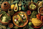 Fiesta placemat design — painted Mexican feast with tacos and fresh produce, flat view