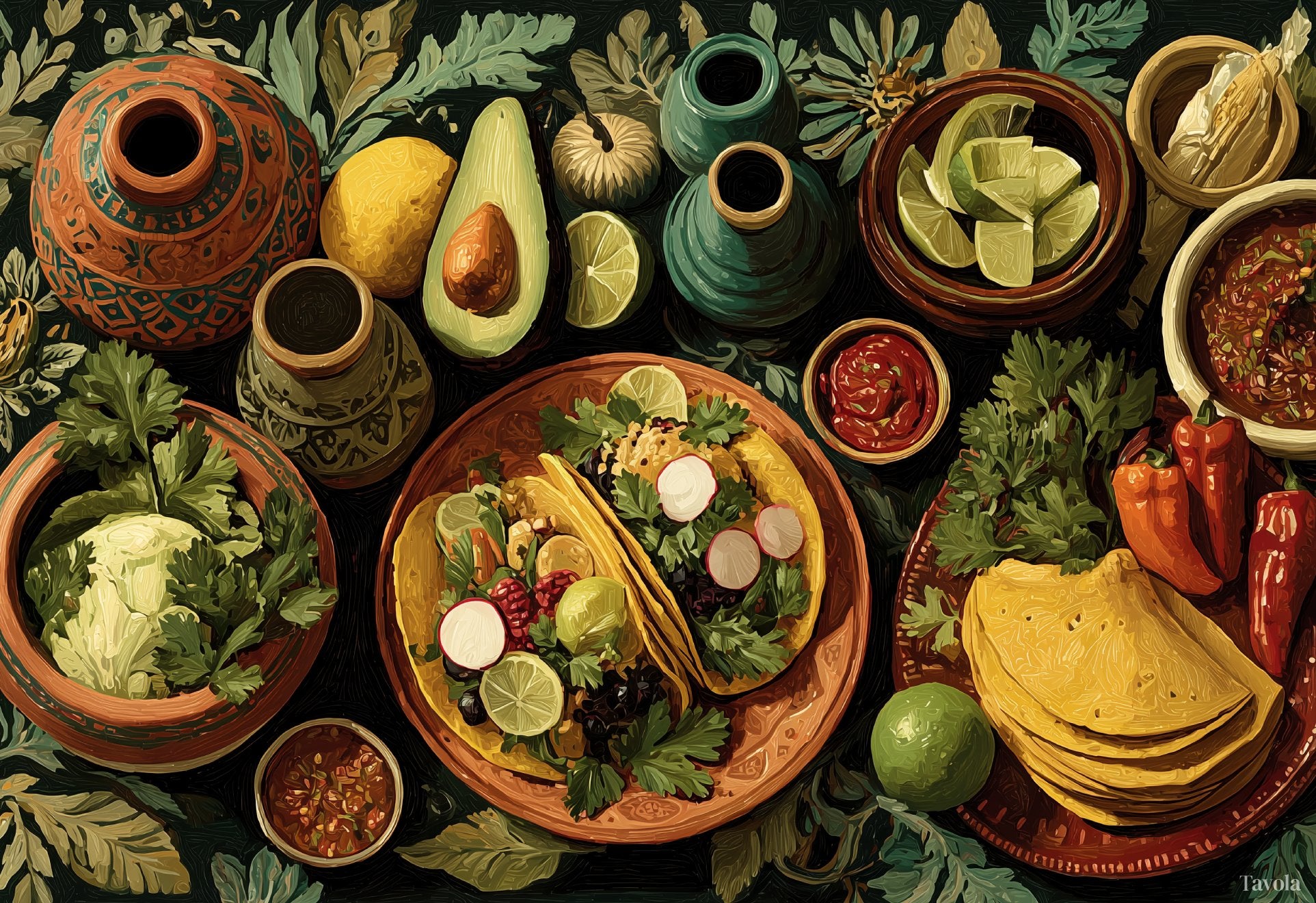Fiesta placemat design — painted Mexican feast with tacos and fresh produce, flat view