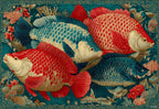 Frutti di Mare placemat design — red and teal fish in antique engraving style, flat view