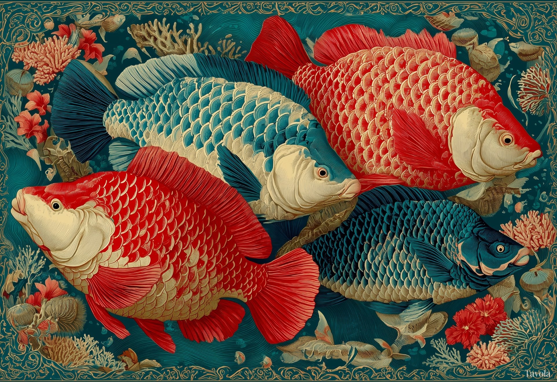 Frutti di Mare placemat design — red and teal fish in antique engraving style, flat view