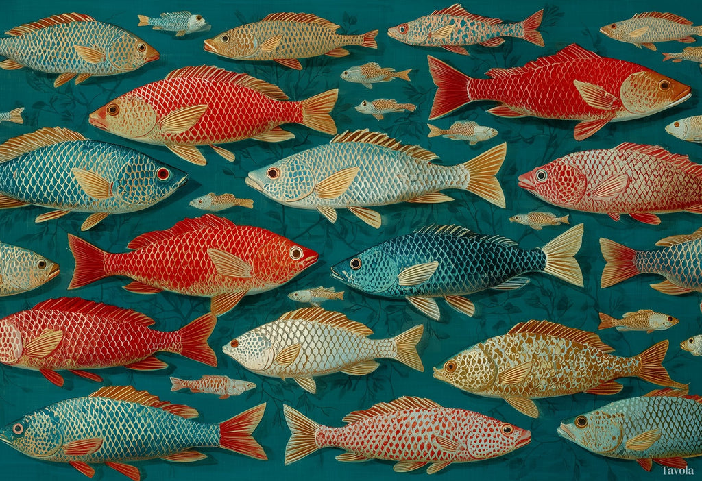 Frutti di Mare placemat design — shoal of Mediterranean fish on deep teal, flat view