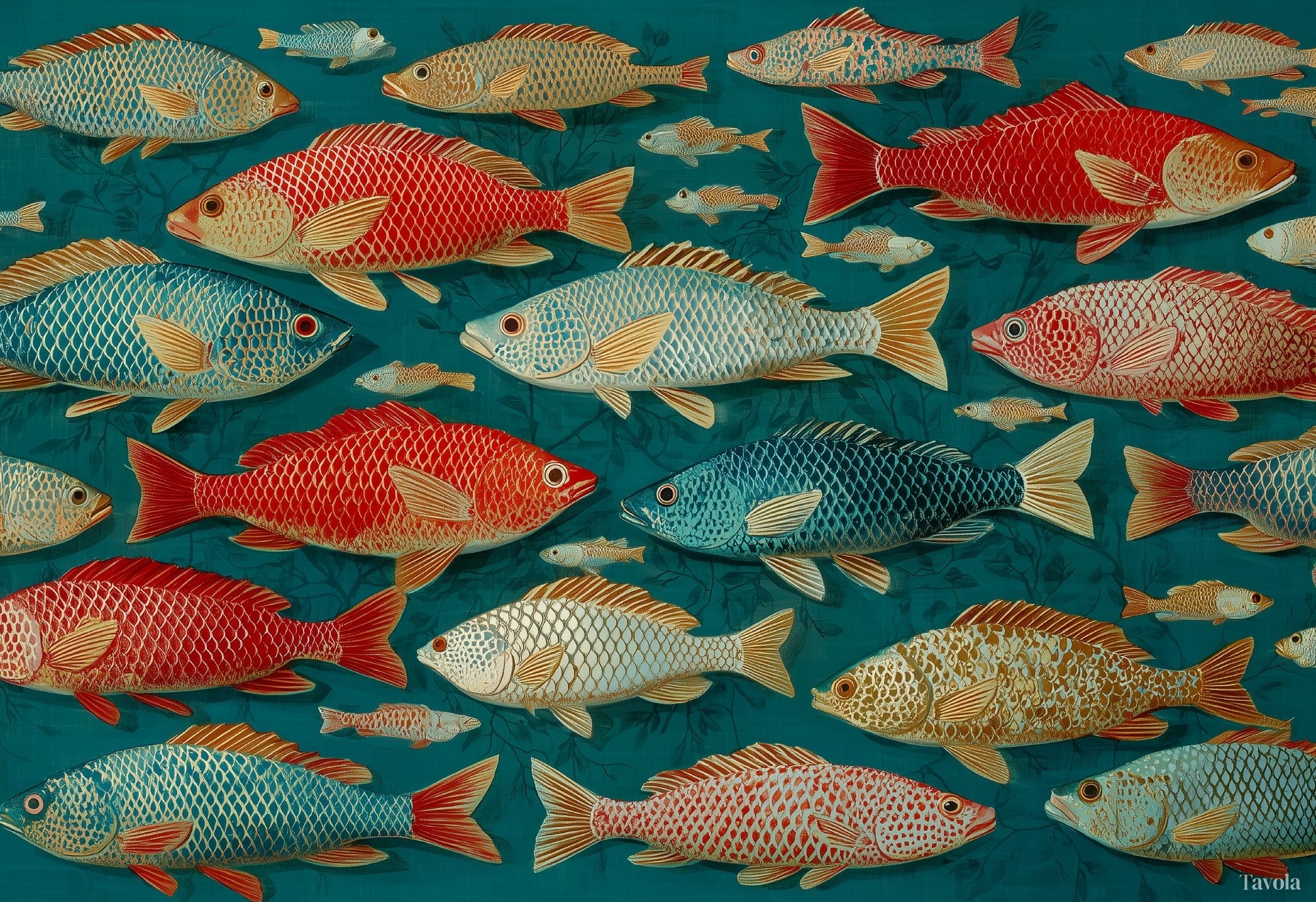 Frutti di Mare placemat design — shoal of Mediterranean fish on deep teal, flat view