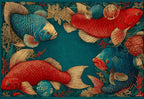 Frutti di Mare placemat design — corner fish composition with open center panel, flat view