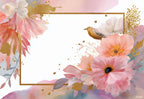 Garden Whispers placemat design — blush watercolor florals with gold frame, flat view