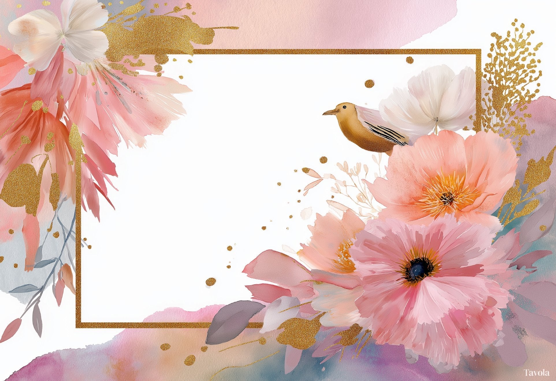 Garden Whispers placemat design — blush watercolor florals with gold frame, flat view