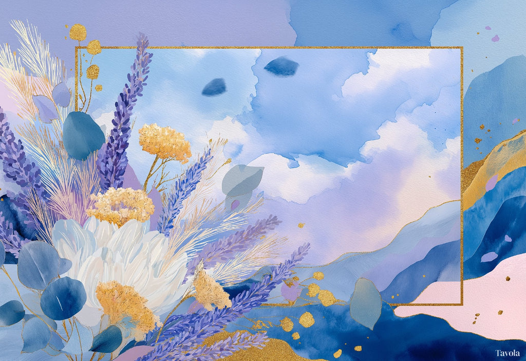 Garden Whispers placemat design — lavender and gold botanicals on watercolor sky, flat view