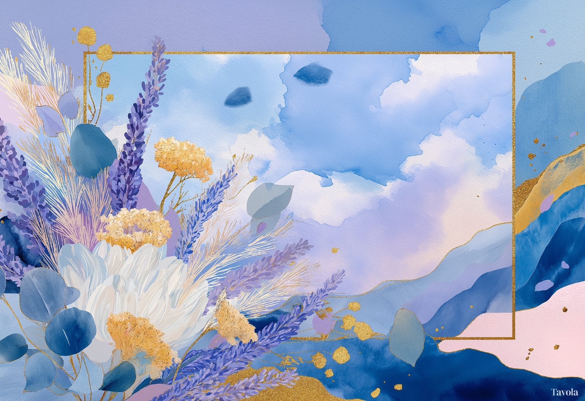 Garden Whispers placemat design — lavender and gold botanicals on watercolor sky, flat view
