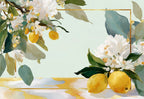 Garden Whispers placemat design — white blossoms and lemons on soft sage, flat view
