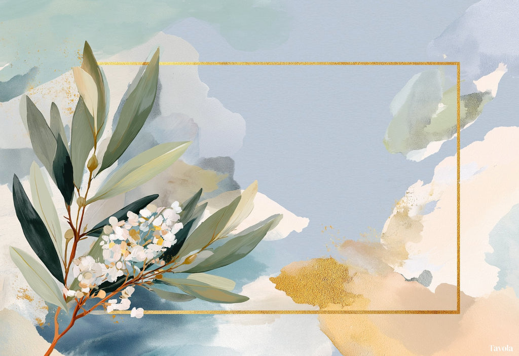 Garden Whispers placemat design — olive branch study in muted watercolor, flat view