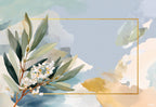Garden Whispers placemat design — olive branch study in muted watercolor, flat view