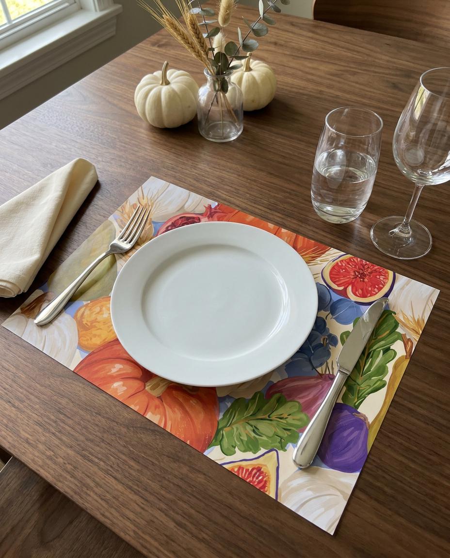 Thanksgiving paper placemat pad with fall harvest watercolor designs