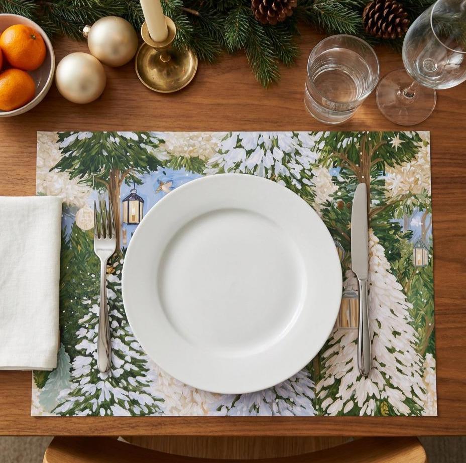 White Christmas paper placemat on an elegant winter table