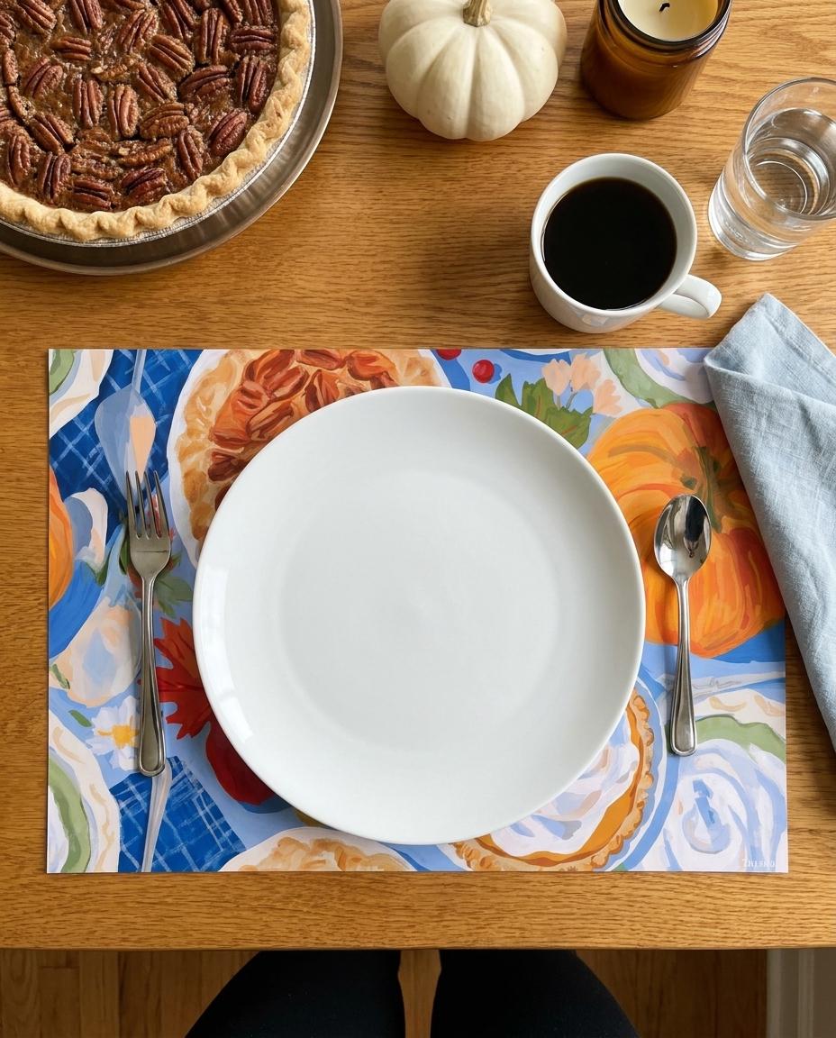 Fall harvest paper placemat on a set autumn table