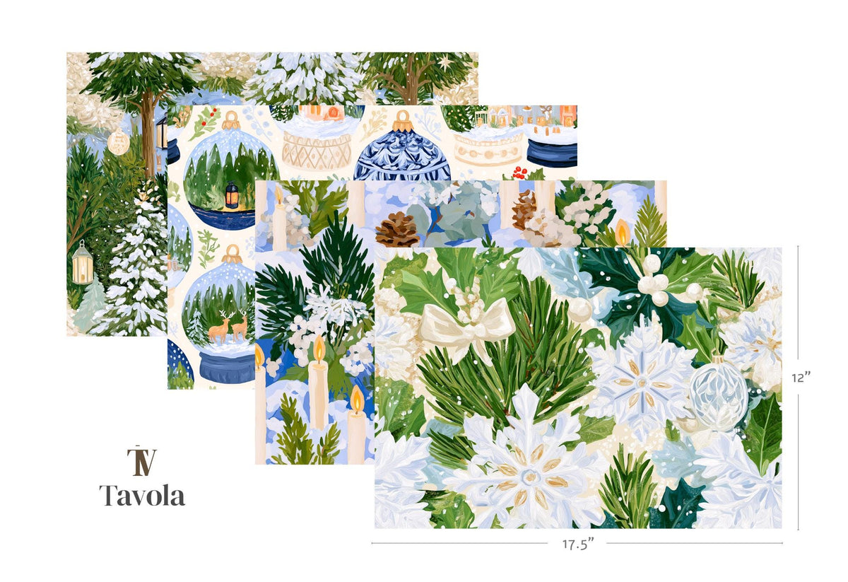White Christmas paper placemat pad with winter wonderland designs