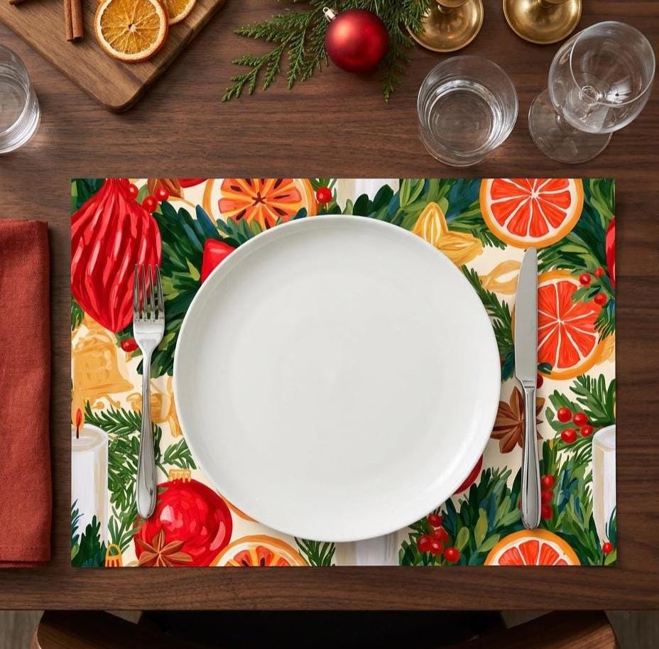 Four coordinated red Christmas placemat designs, 10 sheets each