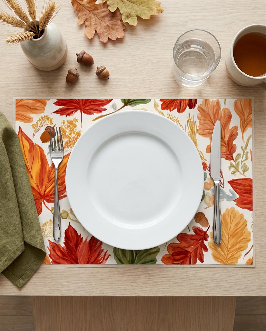 Four coordinated Thanksgiving placemat designs, 10 sheets each