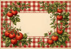 La Nonna placemat design — red and white gingham border with tomatoes and basil, open center, flat view