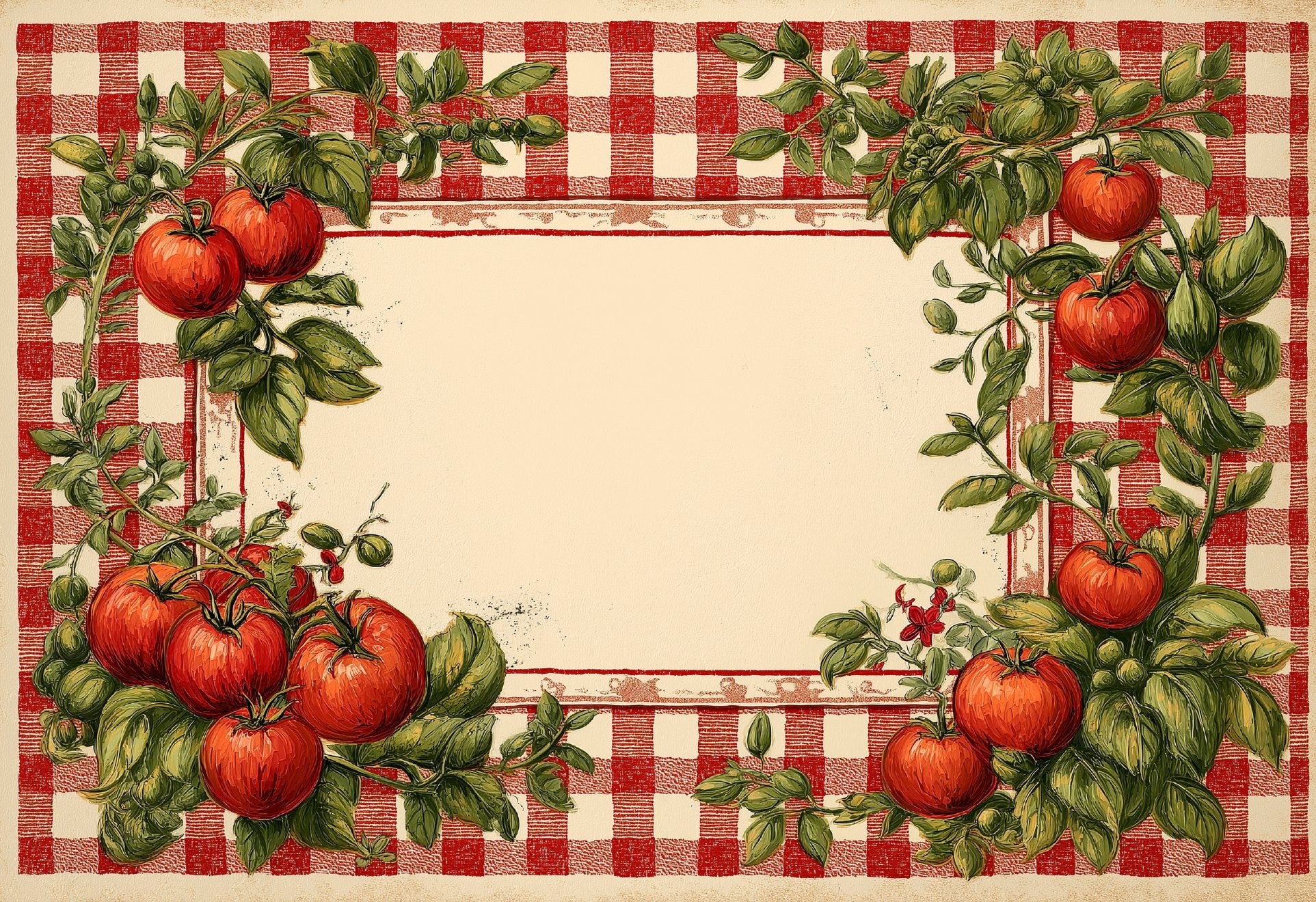 La Nonna placemat design — red and white gingham border with tomatoes and basil, open center, flat view